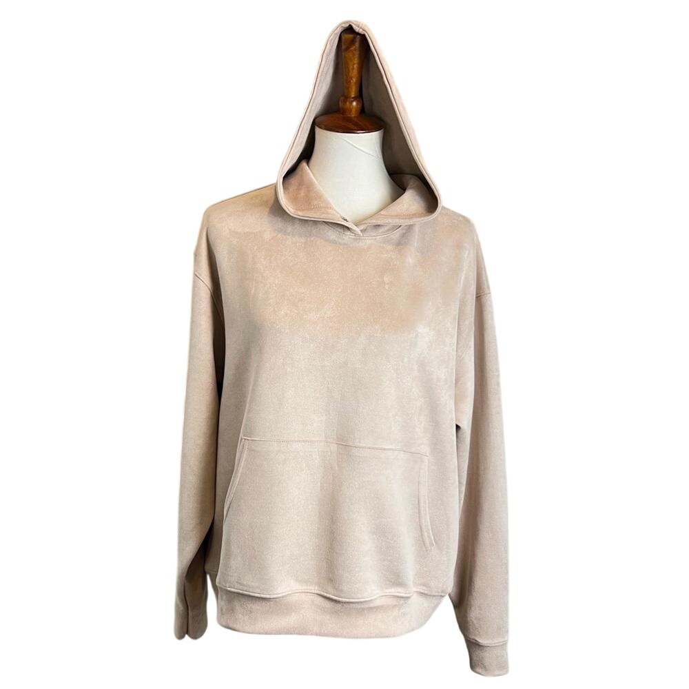 Boohoo Man Beige Velvet Hoodie Medium Cozy Soft Relaxed Versatile Mocha Cream